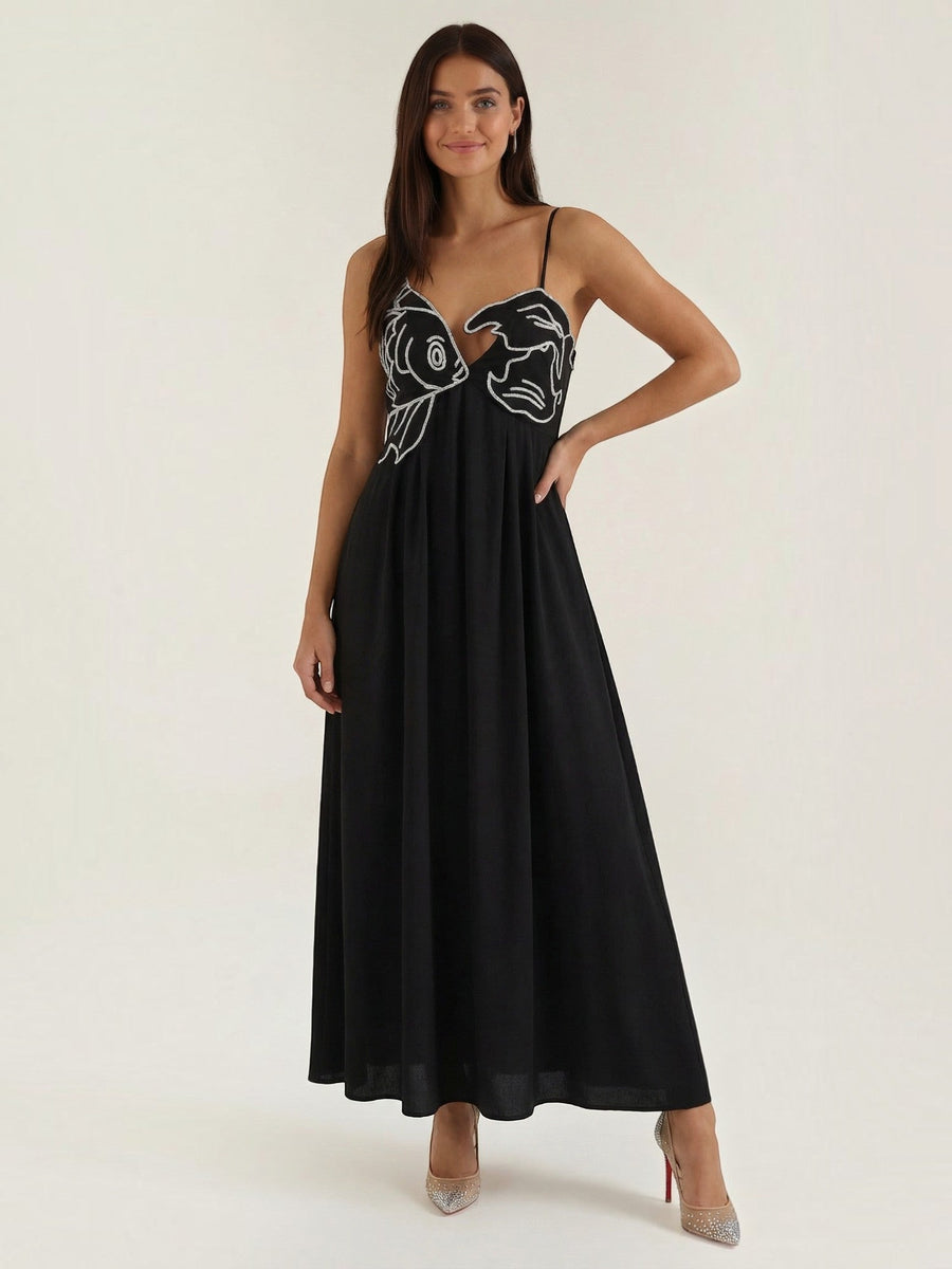 Deborah Embroidered Fish Print Maxi Sundress