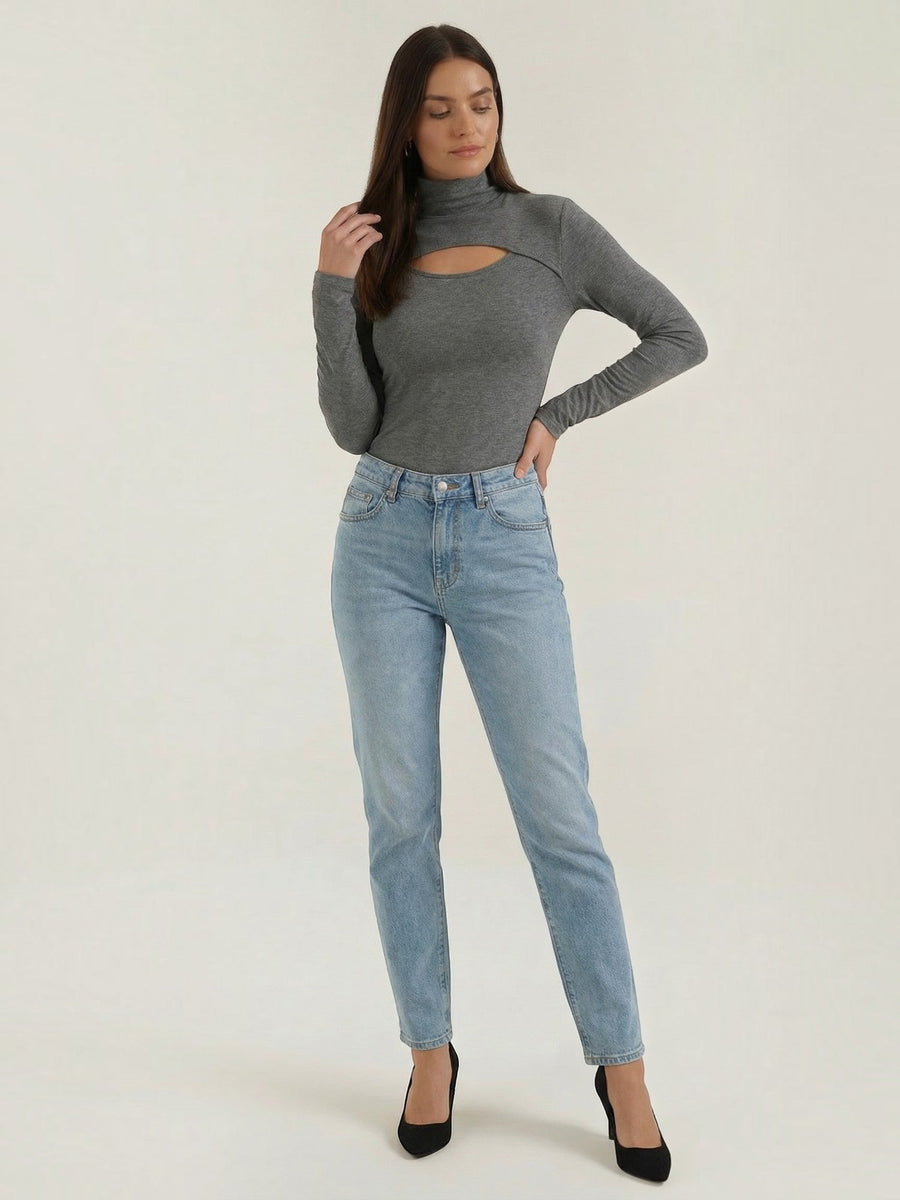 Barbara Cut Out Stand Collar Long Sleeve Top