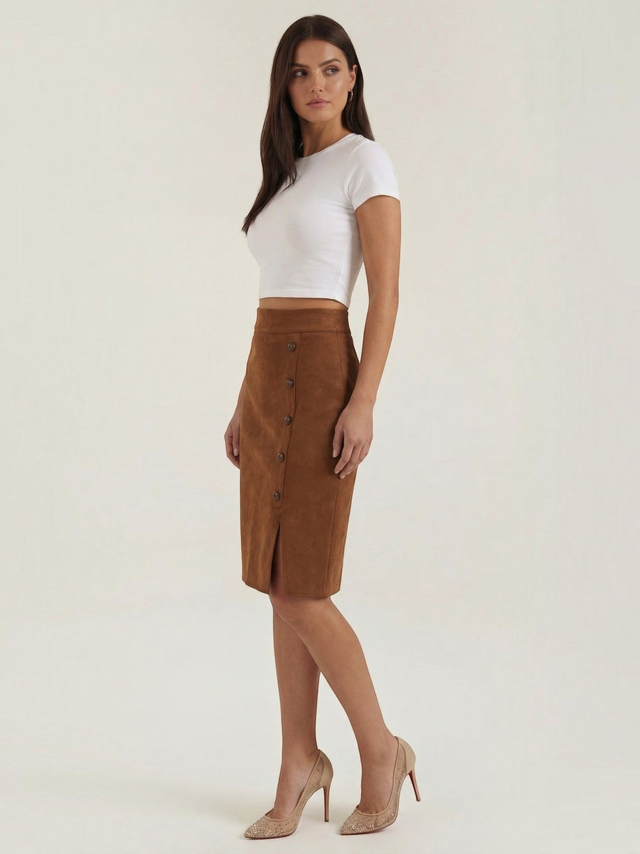Hope Button Front Suede Mini Skirt