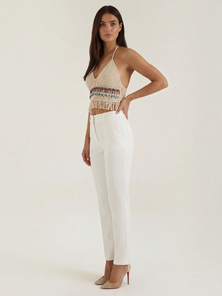 Celeste Striped Crochet Fringe Halter Top