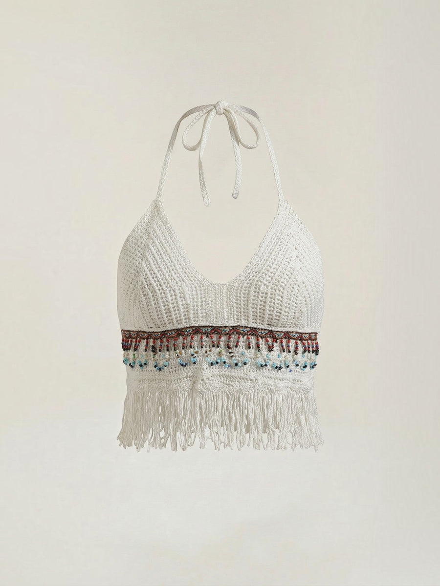 Celeste Striped Crochet Fringe Halter Top