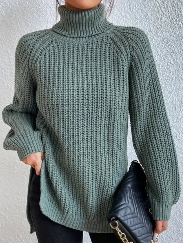 Dresden Raglan Sleeve Turtleneck Sweater with Side Slits
