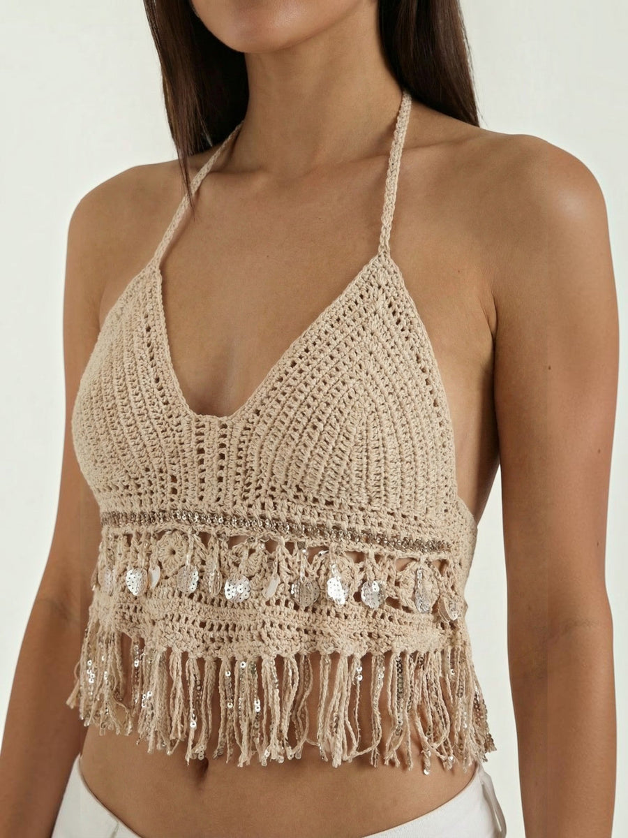 Brandy Crochet Fringe V Neck Halter Top