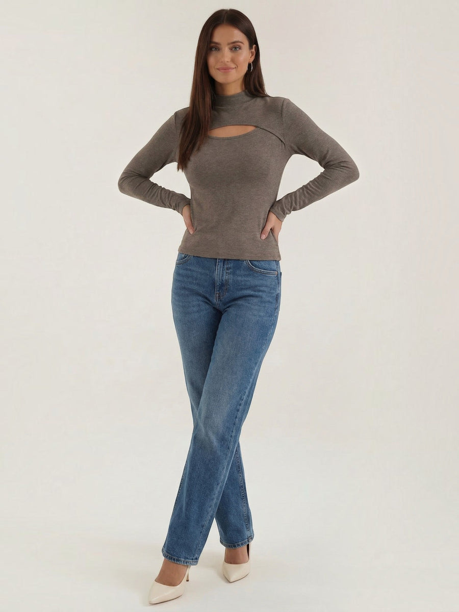 Barbara Cut Out Stand Collar Long Sleeve Top