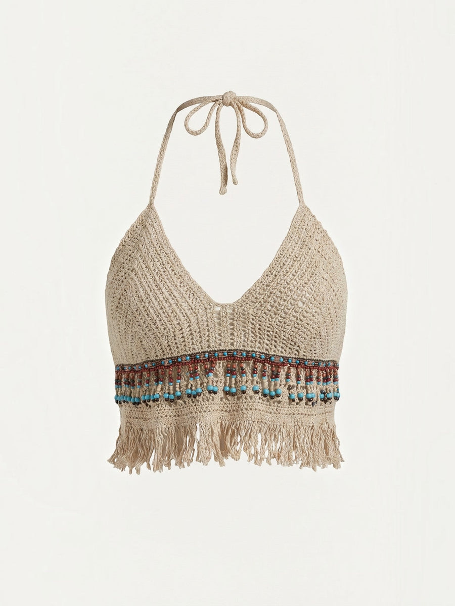 Celeste Striped Crochet Fringe Halter Top