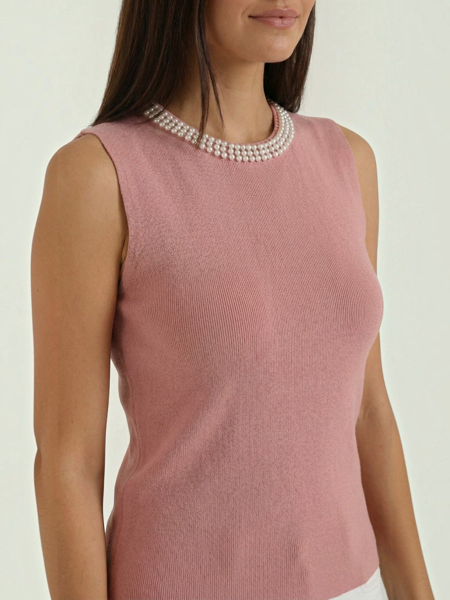 Rosalba Pearl Trim Ribbed Tank Top