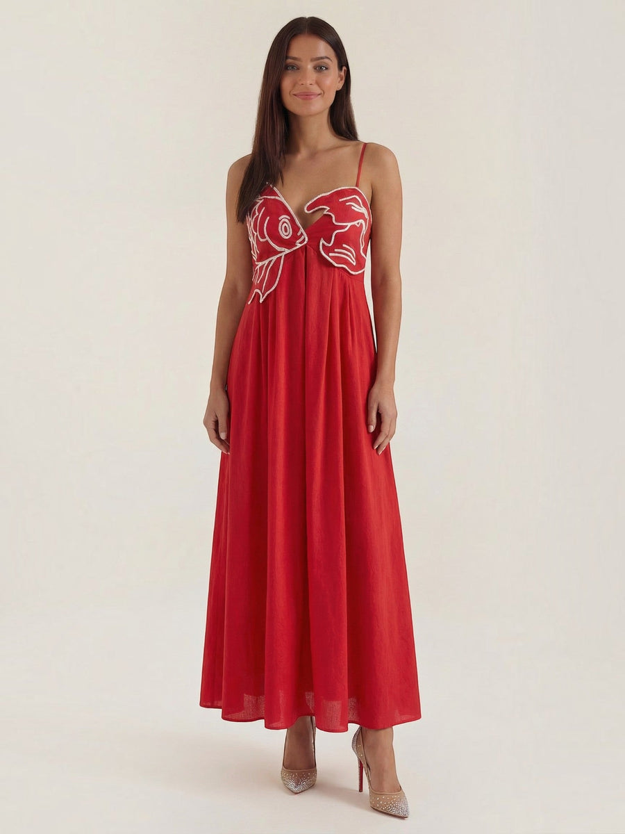 Deborah Embroidered Fish Print Maxi Sundress