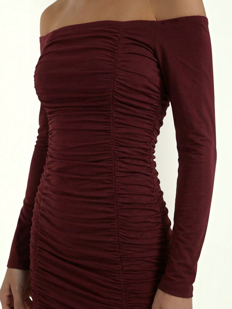 Yvette Off Shoulder Long Sleeve Ruched Mini Dress