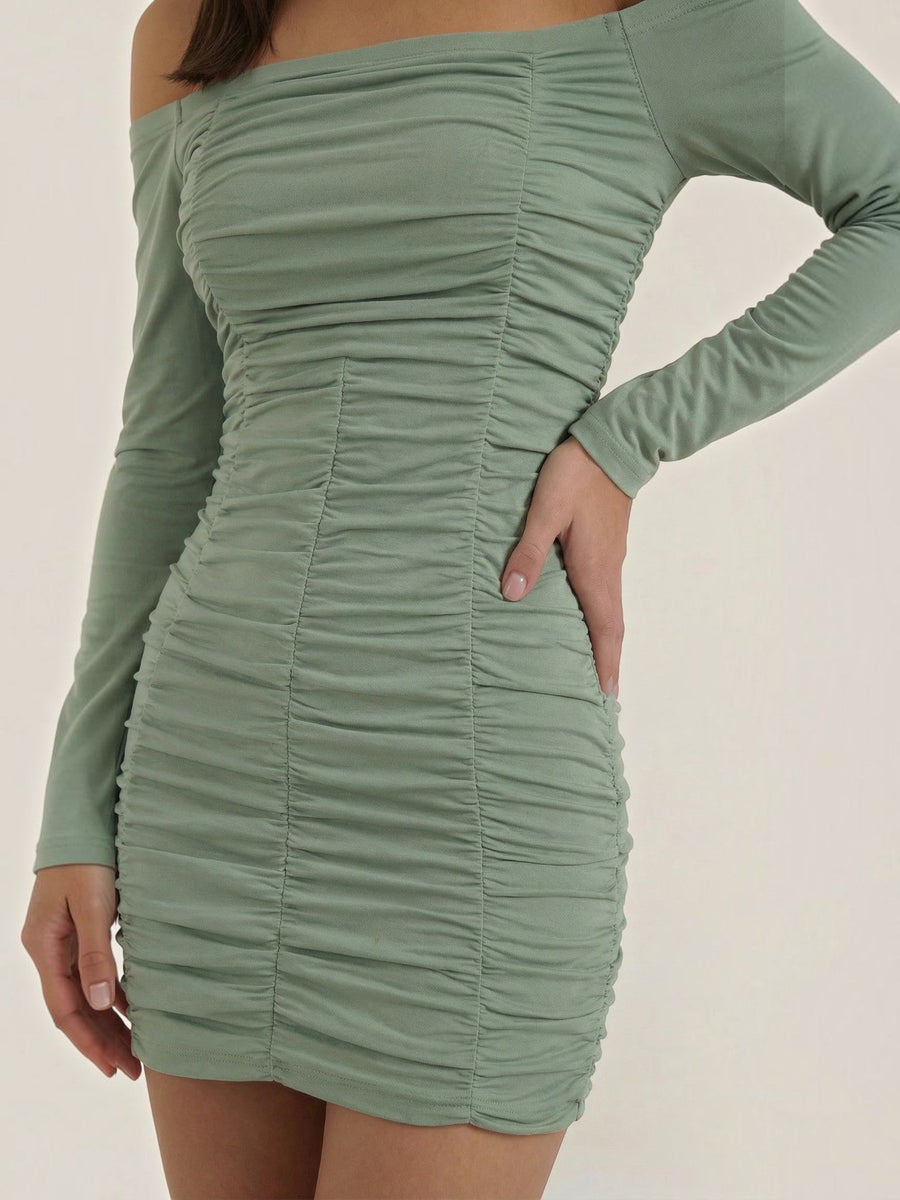 Yvette Off Shoulder Long Sleeve Ruched Mini Dress