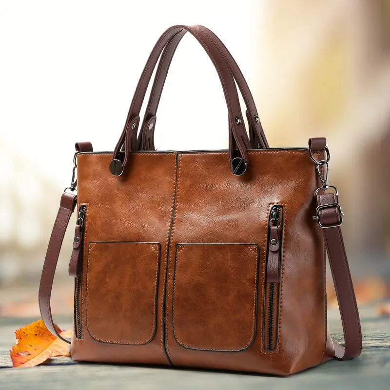 Thilde Leather Satchel with Front Zip Pockets