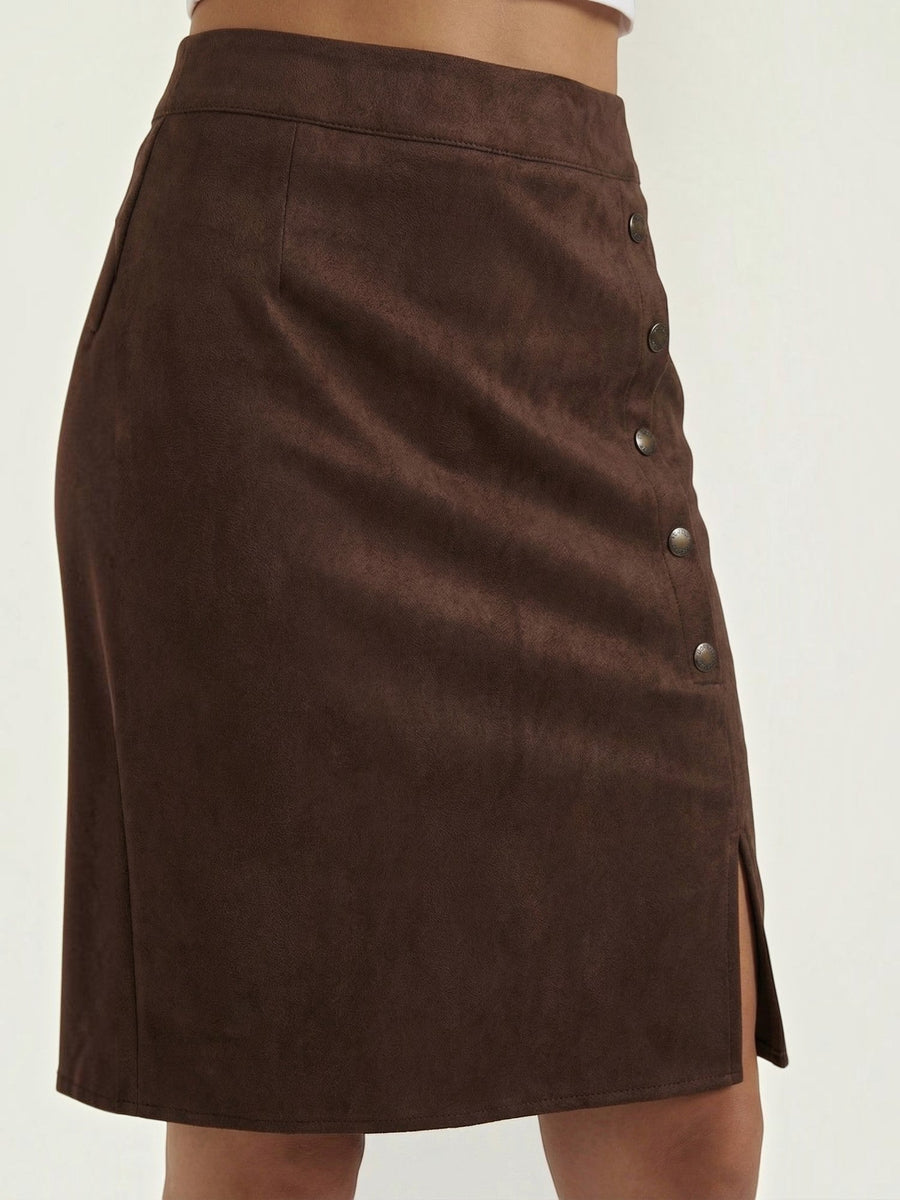 Hope Button Front Suede Mini Skirt