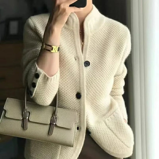 Leana Waffle Knit Stand Collar Cardigan