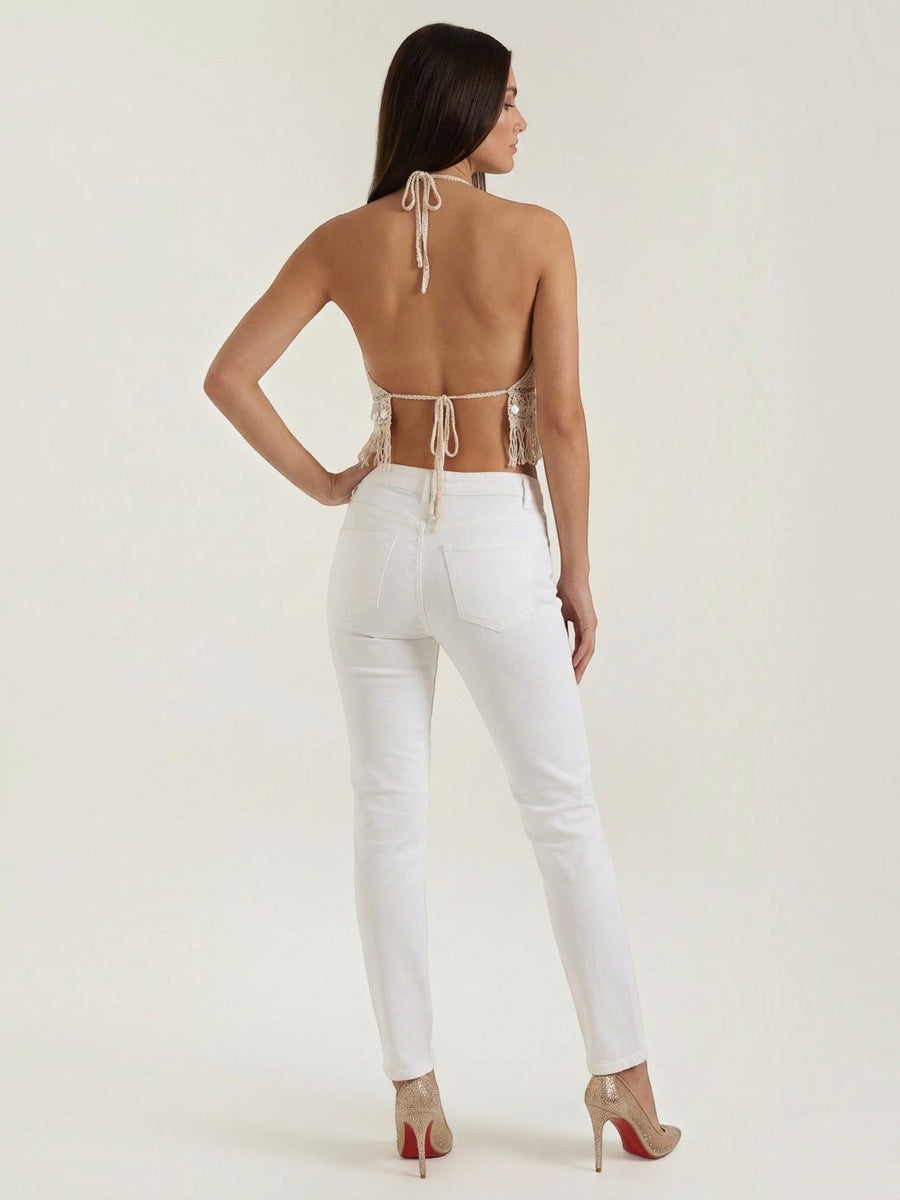 Brandy Crochet Fringe V Neck Halter Top
