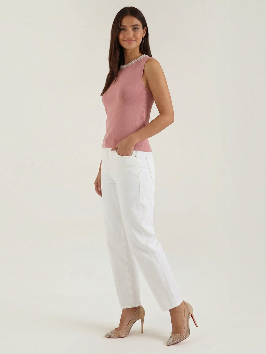 Rosalba Pearl Trim Ribbed Tank Top