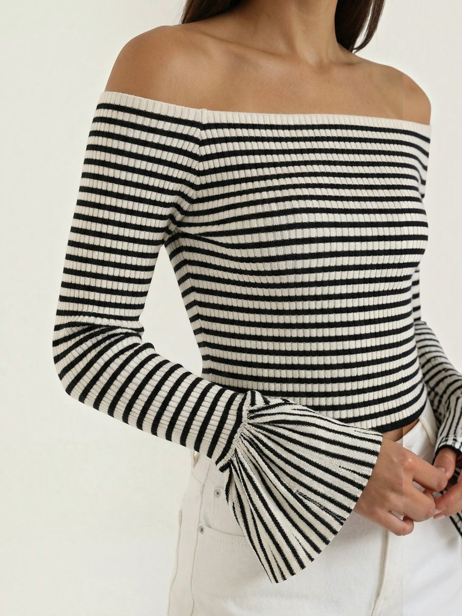 Anna Striped Off Shoulder Flare Sleeve Top