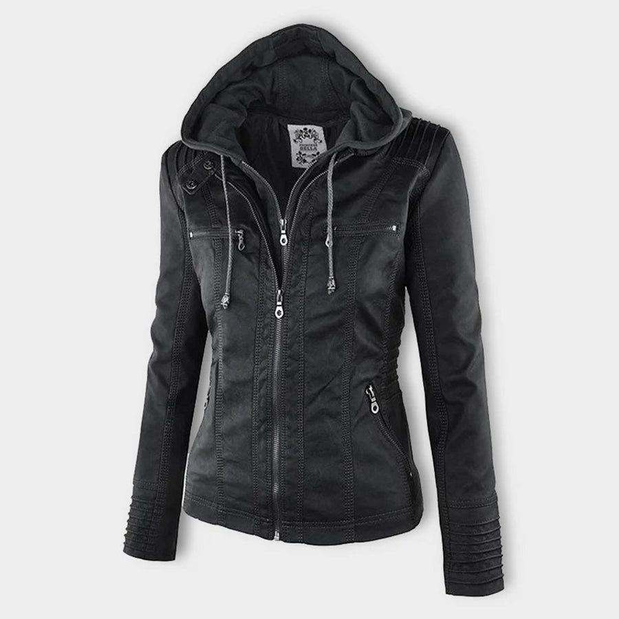 Marieke Faux Leather Moto Jacket with Detachable Hood