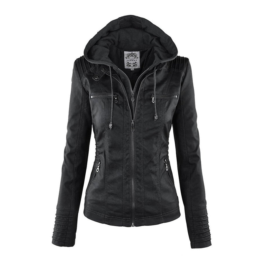 Marieke Faux Leather Moto Jacket with Detachable Hood