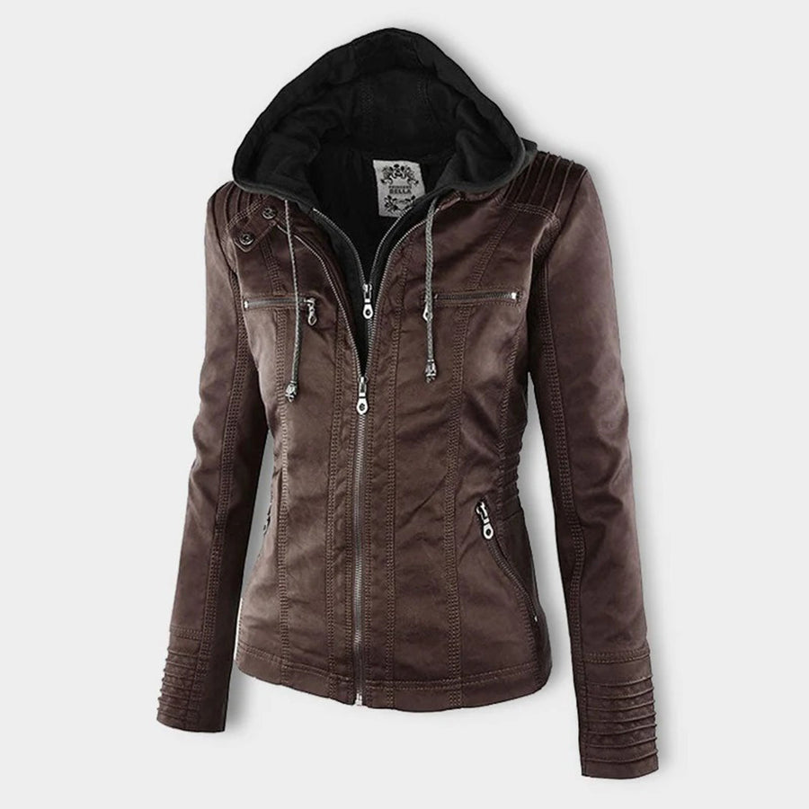 Marieke Faux Leather Moto Jacket with Detachable Hood