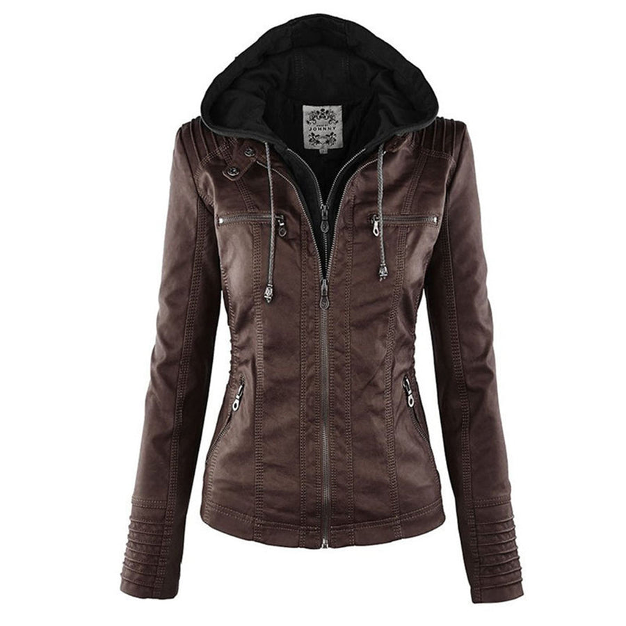 Marieke Faux Leather Moto Jacket with Detachable Hood