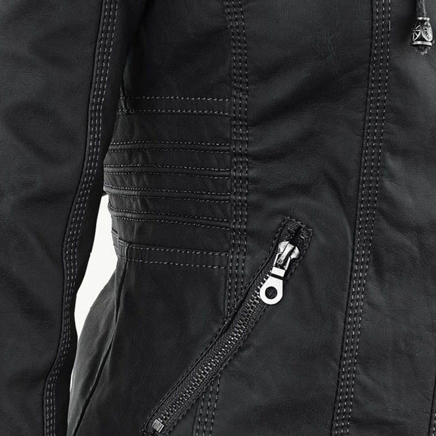 Marieke Faux Leather Moto Jacket with Detachable Hood