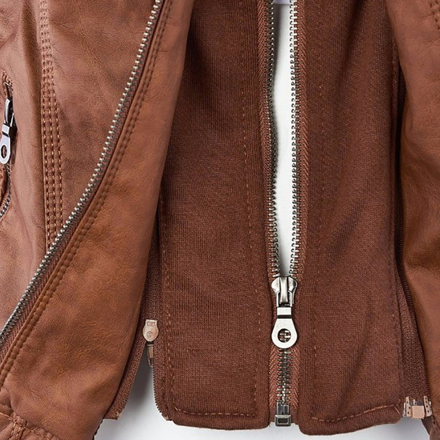 Marieke Faux Leather Moto Jacket with Detachable Hood