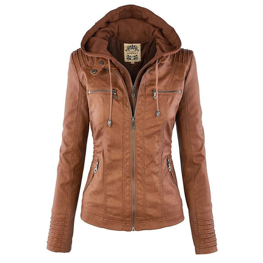 Marieke Faux Leather Moto Jacket with Detachable Hood