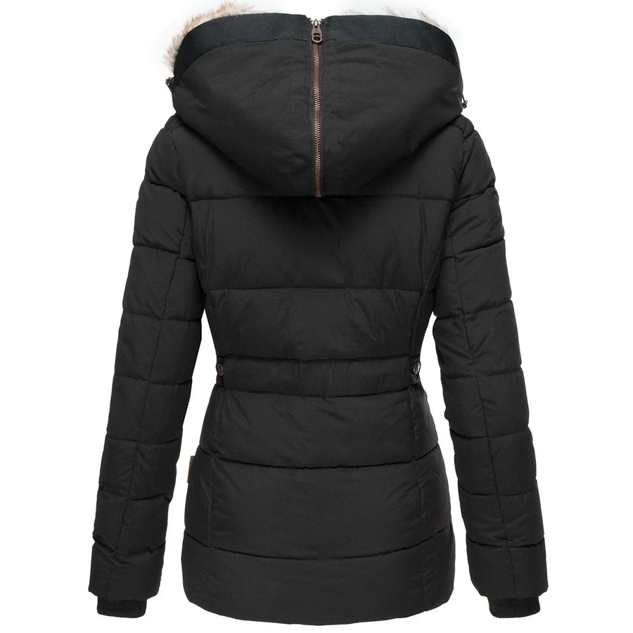 Miren Belted Quilted Jacket with Faux Fur Hood
