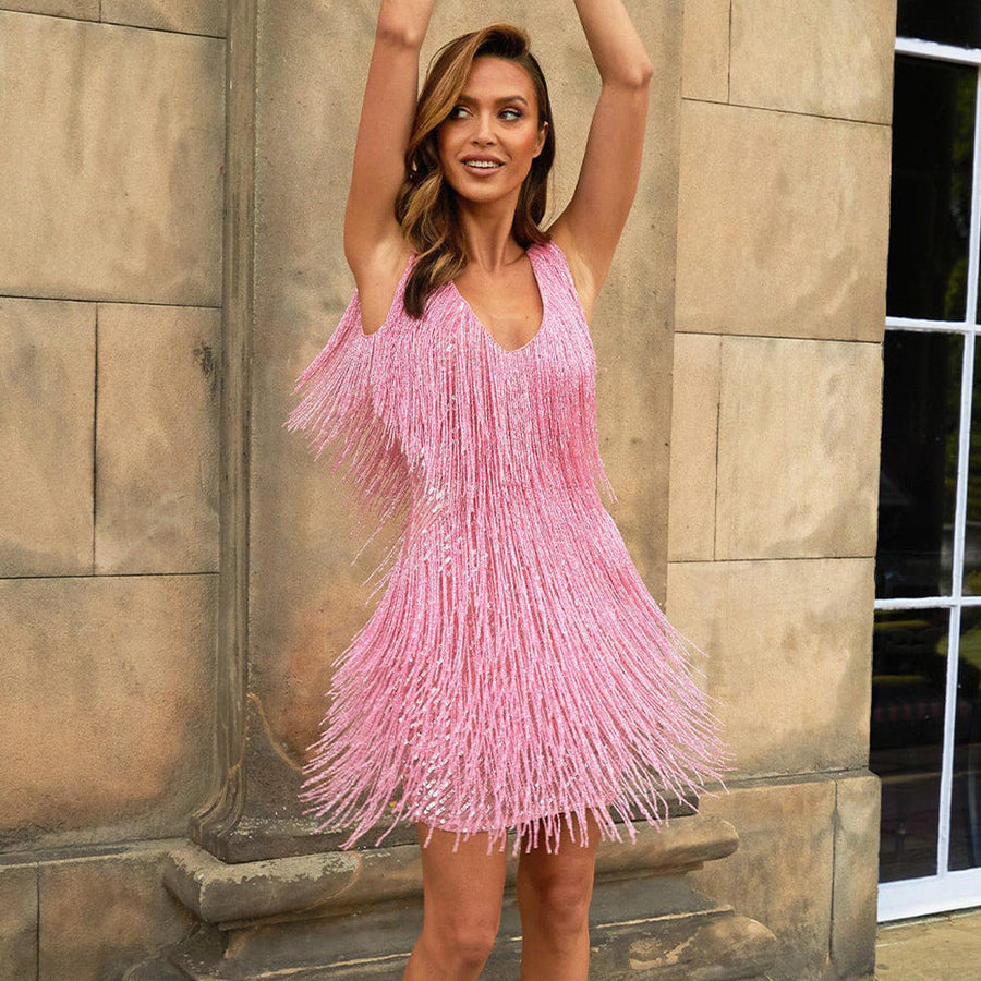 Minerva Sequin Tassel Backless V Neck Dress