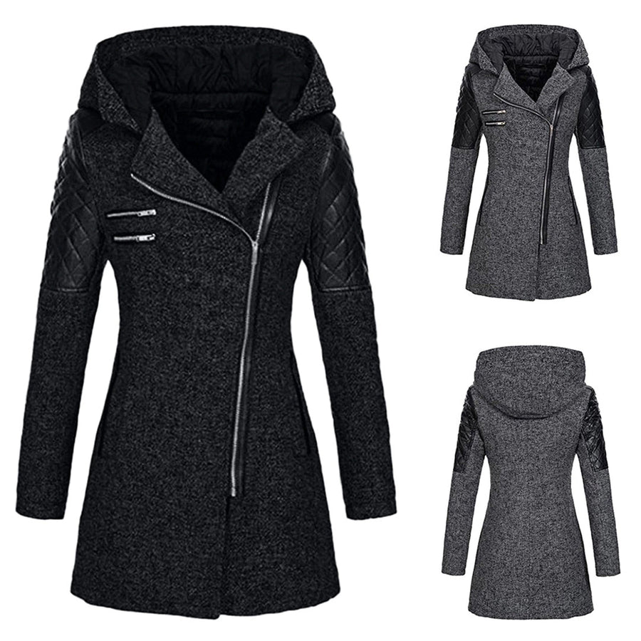 Joelle Hooded Asymmetric Zip Coat with Faux Leather Panels
