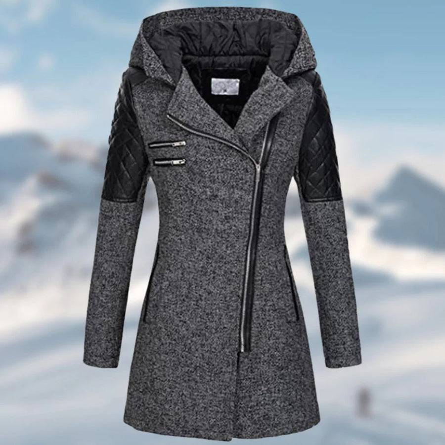 Joelle Hooded Asymmetric Zip Coat with Faux Leather Panels