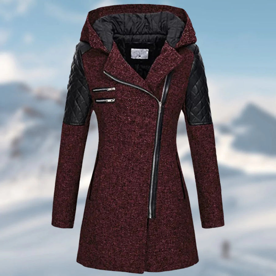 Joelle Hooded Asymmetric Zip Coat with Faux Leather Panels