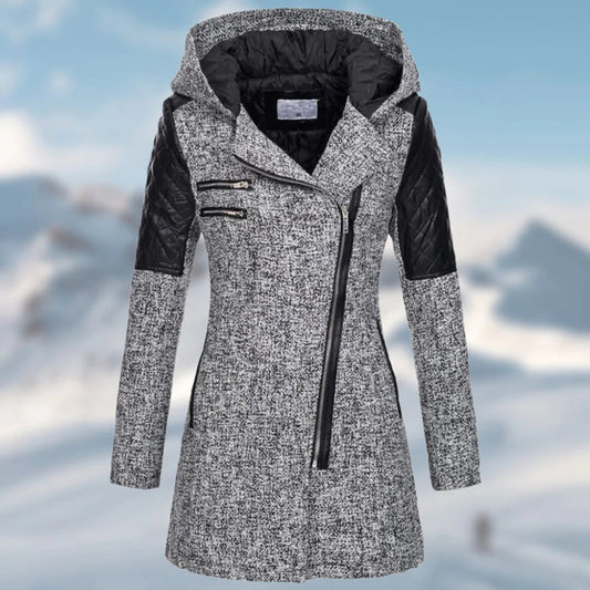 Joelle Hooded Asymmetric Zip Coat with Faux Leather Panels