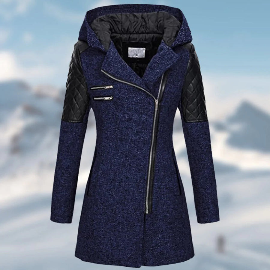 Joelle Hooded Asymmetric Zip Coat with Faux Leather Panels