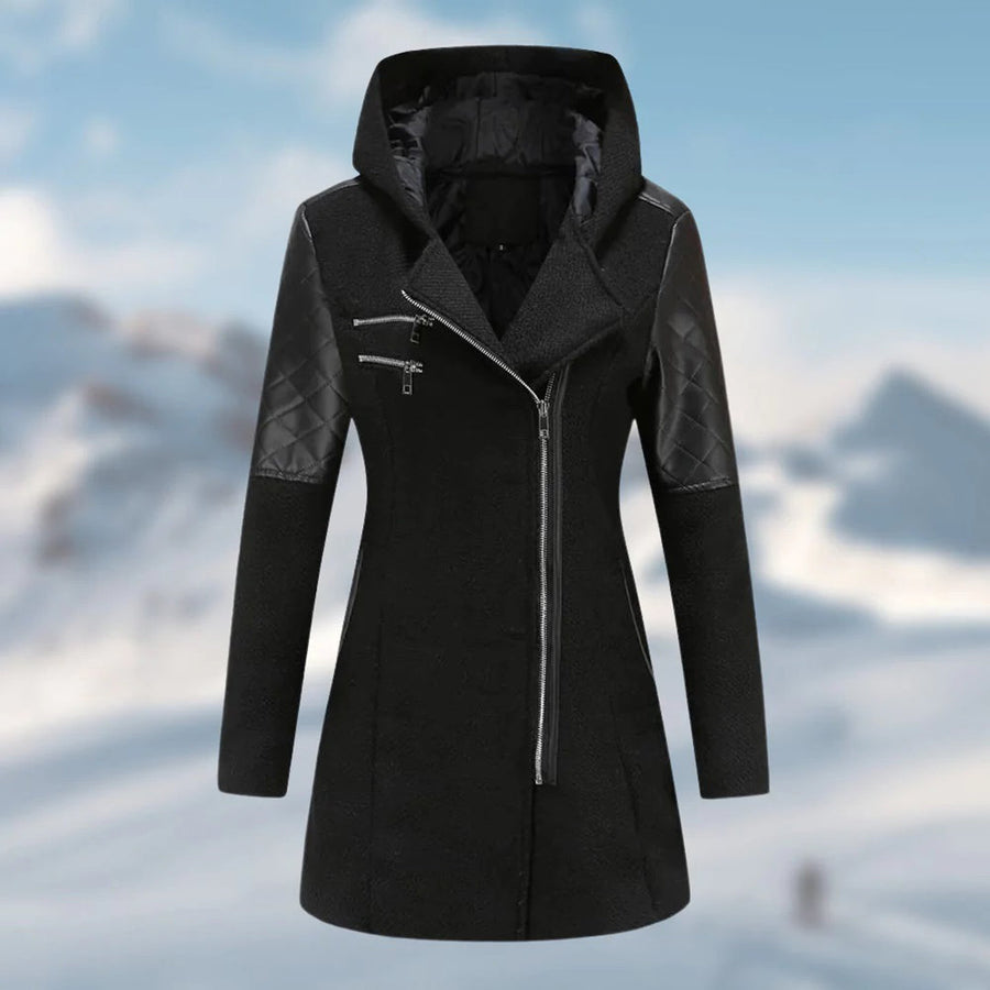 Joelle Hooded Asymmetric Zip Coat with Faux Leather Panels