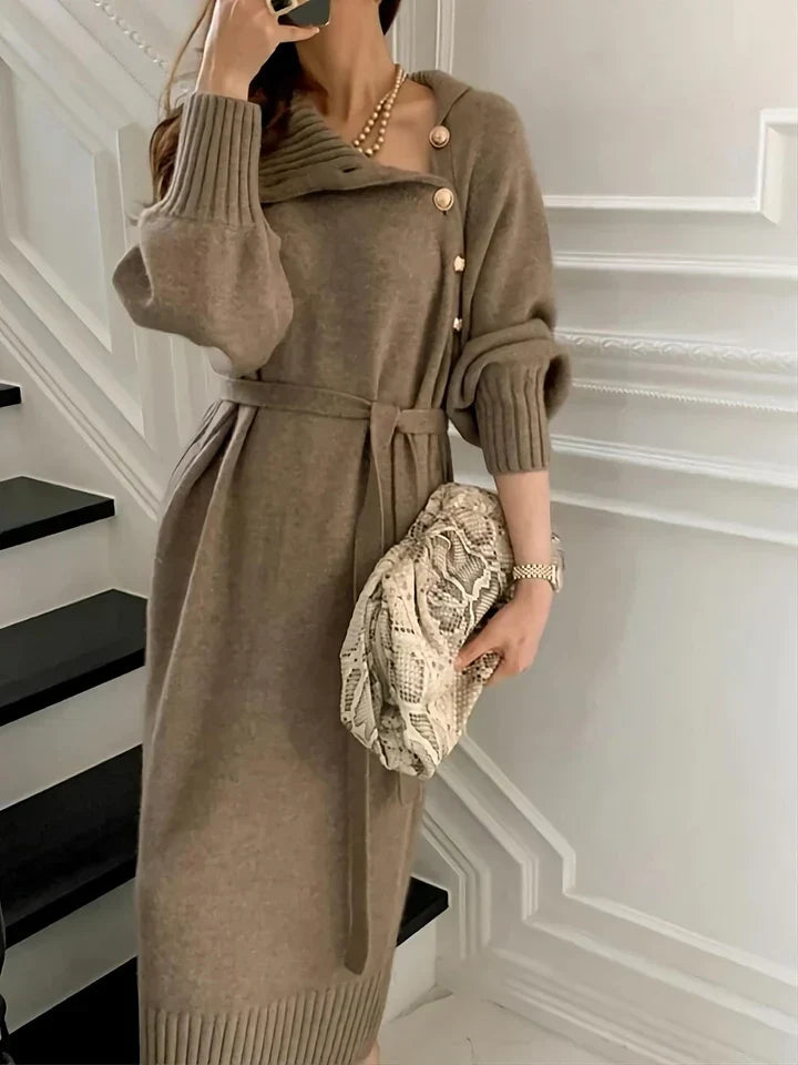 Ebba Retro Turtleneck Button Belted Sweater Dress