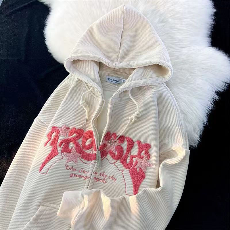 Inge Embroidered Ribbed Zip Up Hoodie