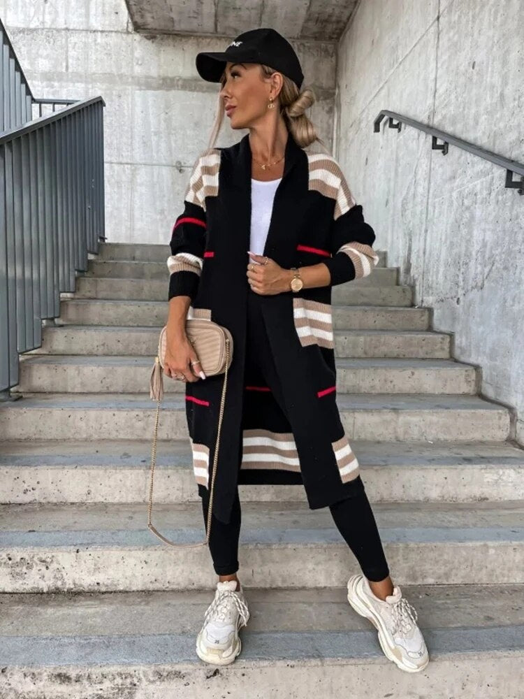 Thomasina Long Striped Open Front Cardigan