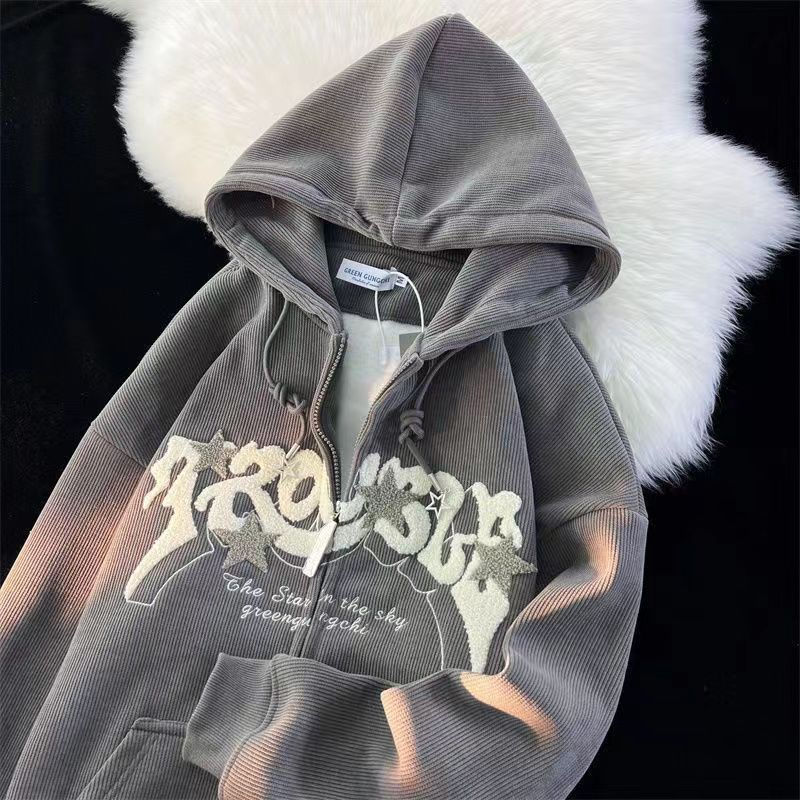Inge Embroidered Ribbed Zip Up Hoodie