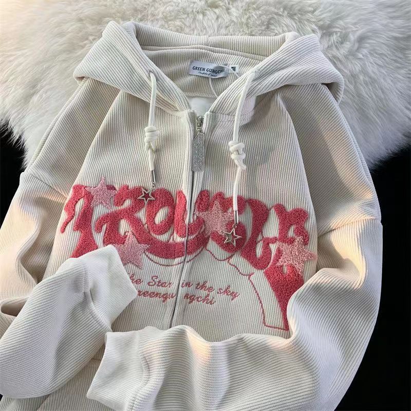 Inge Embroidered Ribbed Zip Up Hoodie