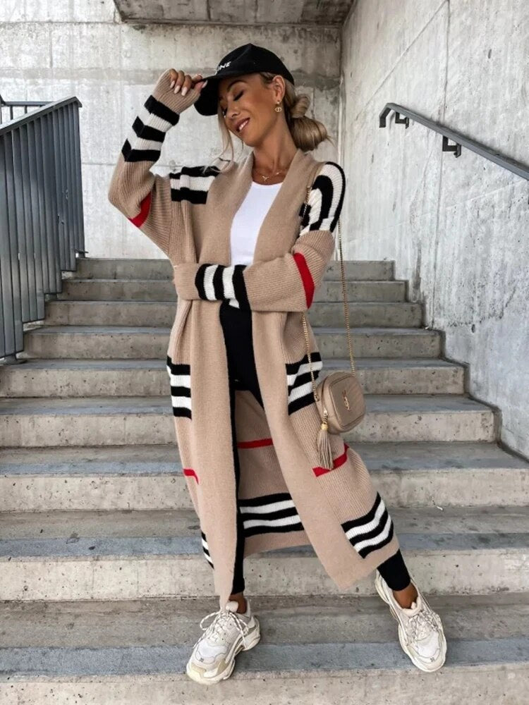 Thomasina Long Striped Open Front Cardigan