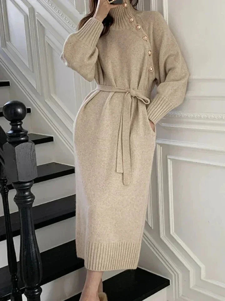 Ebba Retro Turtleneck Button Belted Sweater Dress