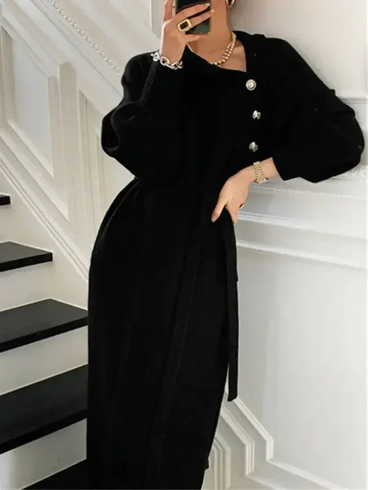 Ebba Retro Turtleneck Button Belted Sweater Dress