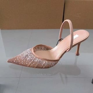 Remy - Pointed toe slingback heels - Mesh and gemstones