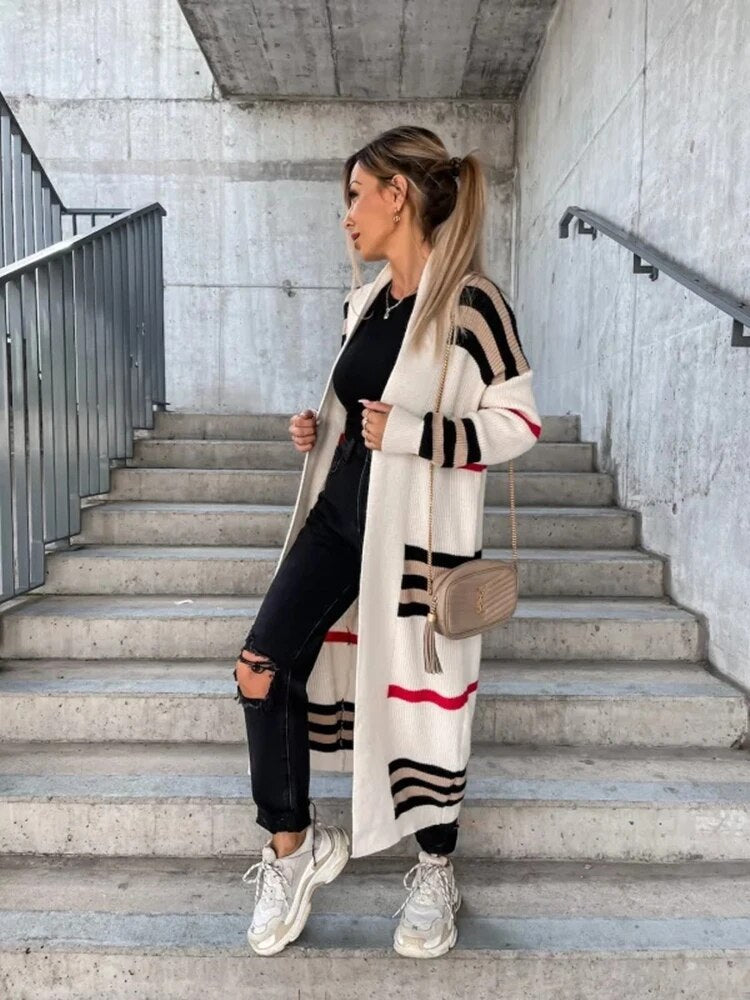 Thomasina Long Striped Open Front Cardigan