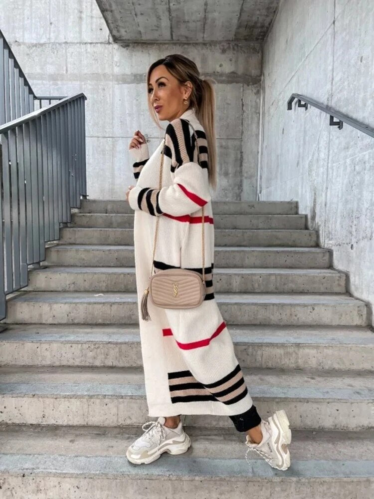 Thomasina Long Striped Open Front Cardigan