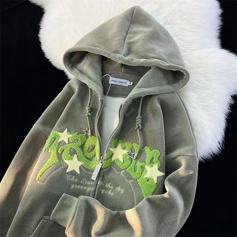 Inge Embroidered Ribbed Zip Up Hoodie