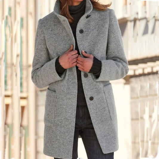 Silvia Mid Length Stand Collar Wool Blend Coat