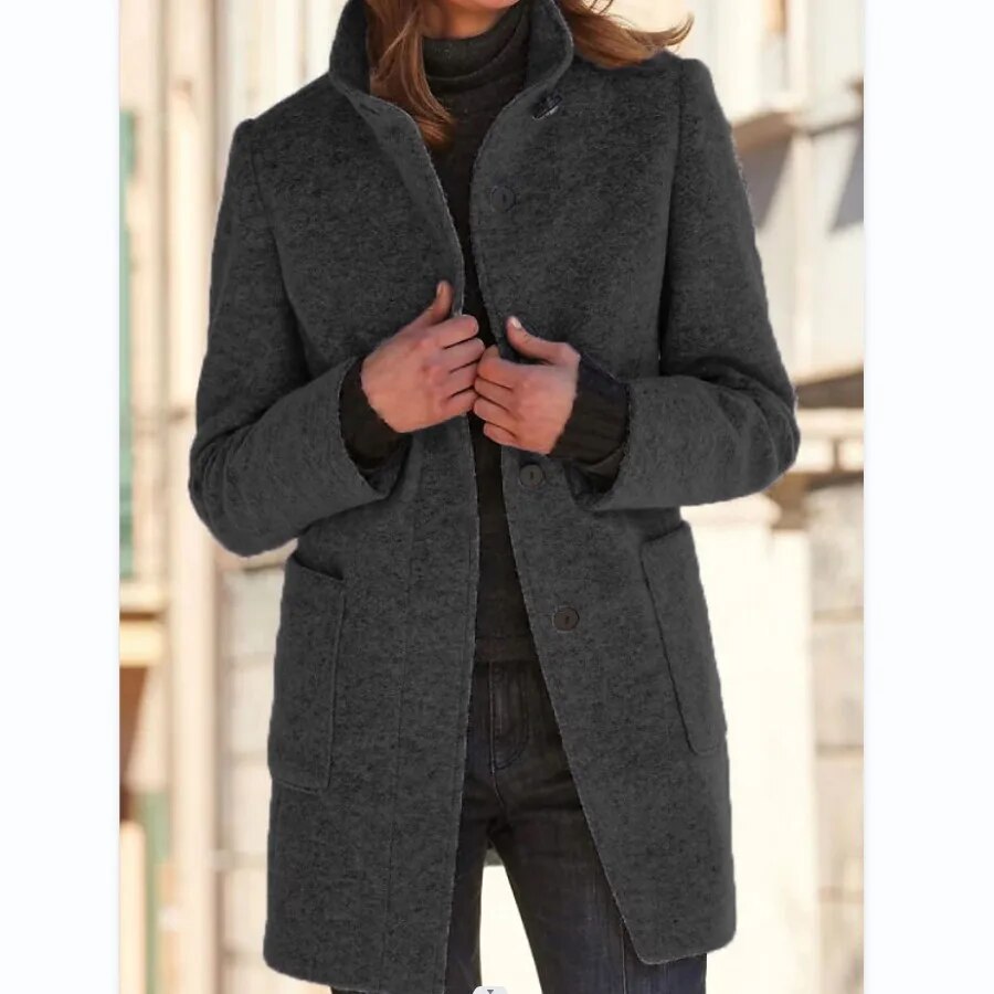 Silvia Mid Length Stand Collar Wool Blend Coat