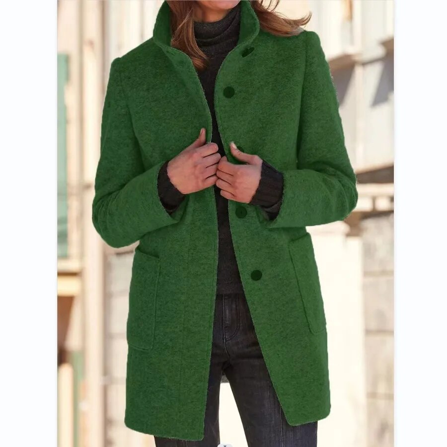 Silvia Mid Length Stand Collar Wool Blend Coat