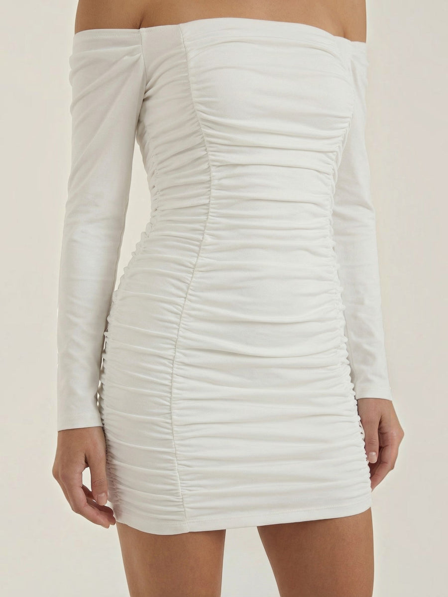 Yvette Off Shoulder Long Sleeve Ruched Mini Dress